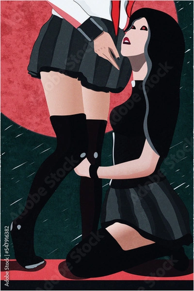 Obraz Illustration two girls under pink moon