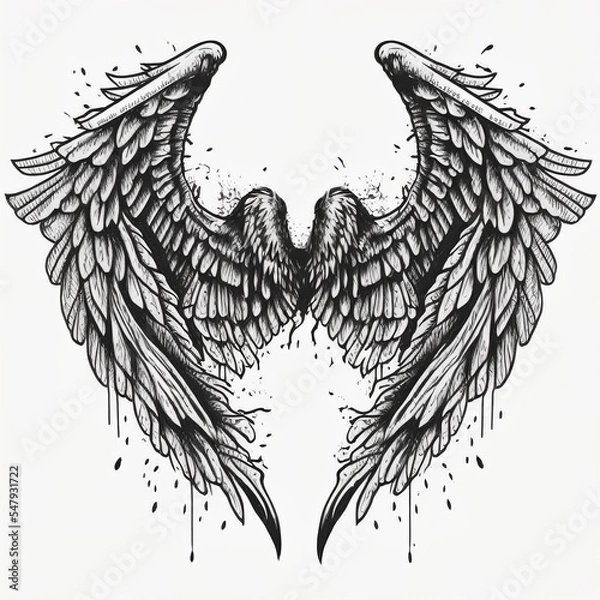 Obraz hand drawn white angel wing illustration isolated in white background,  sketch or outline style