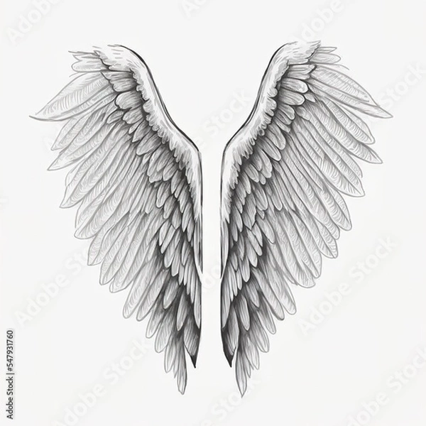 Obraz hand drawn white angel wing illustration isolated in white background,  sketch or outline style