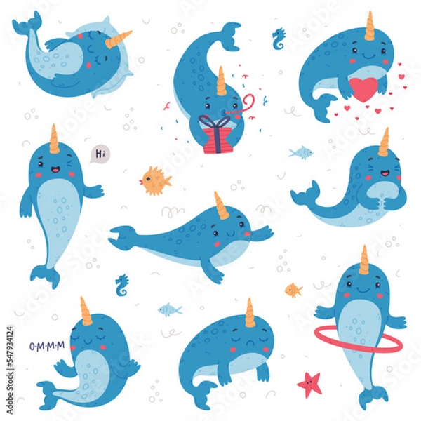 Fototapeta Cute baby narwhal set. Funny sea mammal animal cartoon character in different activities vector illustration