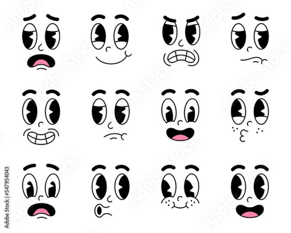 Fototapeta Retro cartoon and comic facial expressions. Old cartoon style faces with different emotions. Retro emoji vector set.