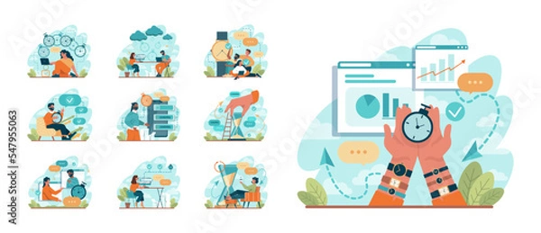 Fototapeta Time management concept set. Business people work day planning,