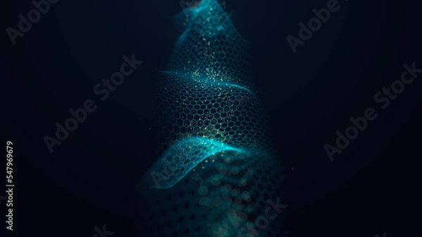 Obraz Futuristic digital hexagonal grid. Abstract dark background of particle flow. Big data analysis and automation. Intelligent blue wave. Science, technology and cyberspace. 3d rendering