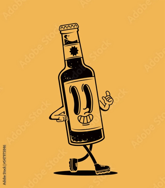 Fototapeta Retro cartoon walking glass bottle of beer or kombucha funny smiled mascot character isolated on yellow background. Vector illustration