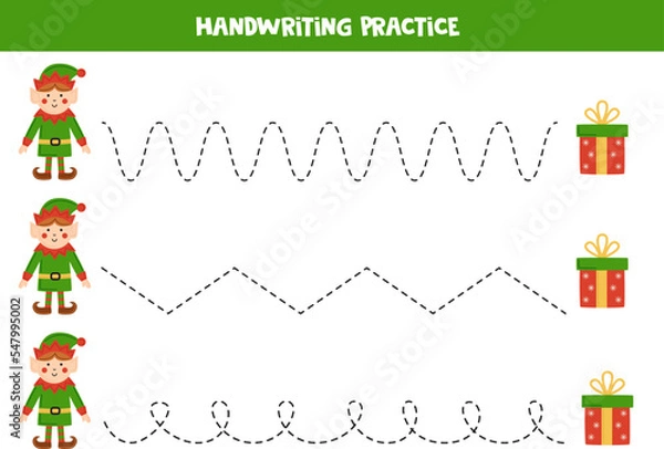 Fototapeta Tracing lines for kids. Cute Christmas elf and presents. Writing practice.