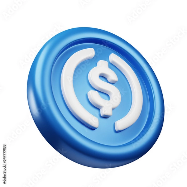Fototapeta USD Coin or USDC Blue coin 3d rendering tilted right view  cryptocurrency illustration cartoon style, good use for blockchain or cryptocurrency design theme