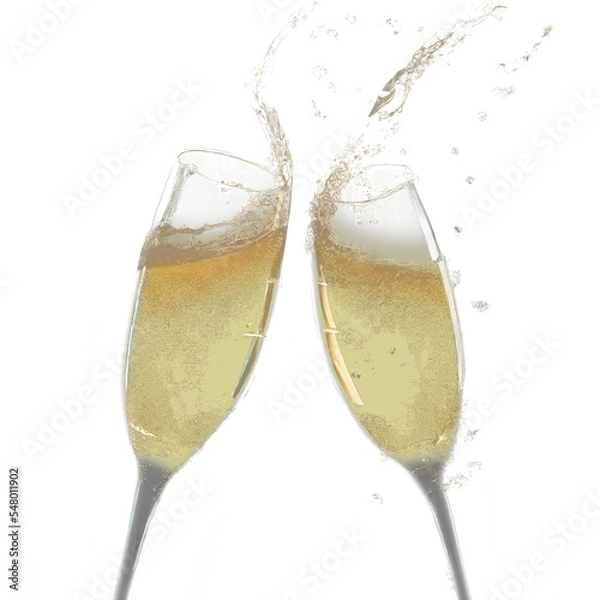 Obraz Two glasses of champagne in a splashing brindisi during new year's eve or holidays celebrations, transparent, suggested use on dark backgrounds for holidays compositions.