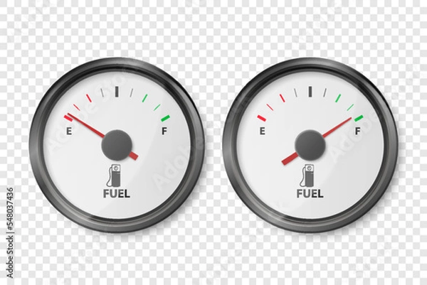 Fototapeta Vector 3d Realistic White and Black Gas Fuel Tank Gauge, Oil Level Bar Set Isolated. Full and Empty. Car Dashboard Details. Fuel Indicator, Gas Meter, Sensor. Design Template