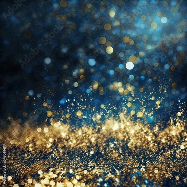Fototapeta Abstract glitter background with blur and bokeh effect. Blue and yellow gold wallpaper.