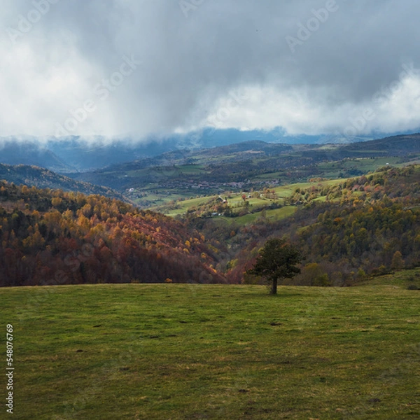 Fototapeta Beautiful view of rocky mountains with plants in Montserrat, Catalonia, Spain against a cloudy sky