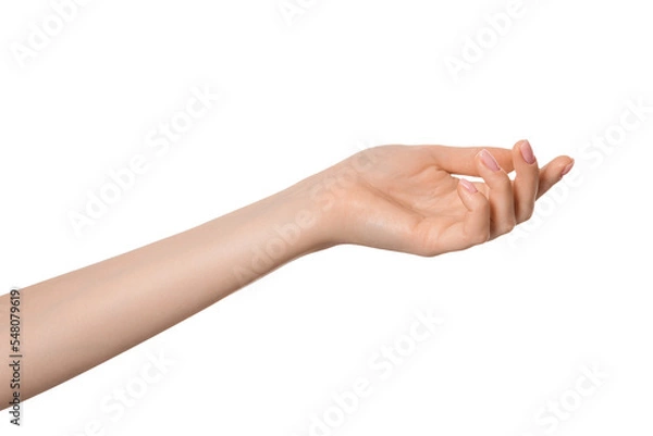 Fototapeta Gesture with hand open and ready to help or receive isolated. Empty hand palm up.