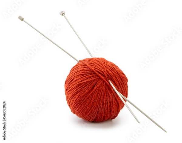 Obraz Hobby items. Knitting needles and ball for knitting isolated on white background.