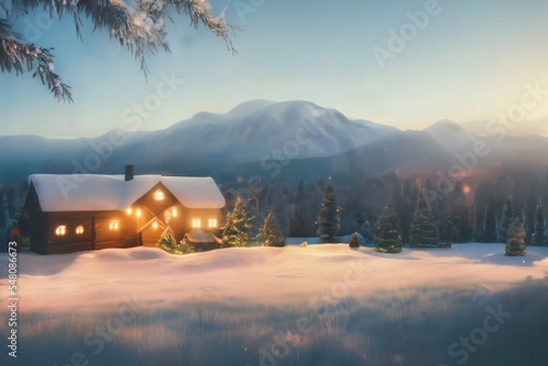 Fototapeta Christmas animated style house under the snow, christmas themed in the mountains