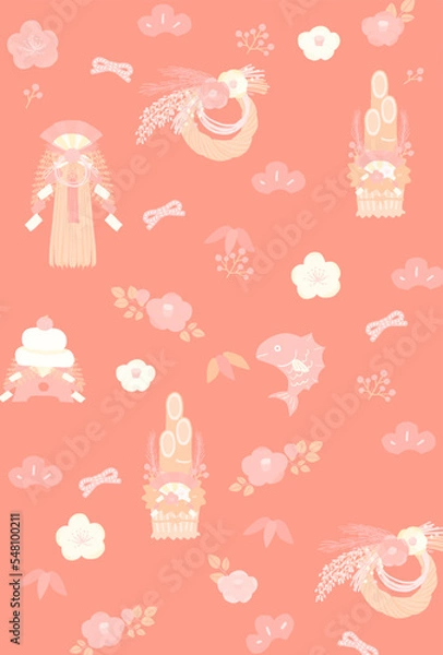 Obraz お正月の縁起物をちりばめた ポスター・年賀状背景 縦位置