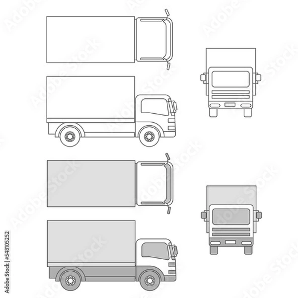 Fototapeta トラックのイラスト、側面、前面、俯瞰（線画）