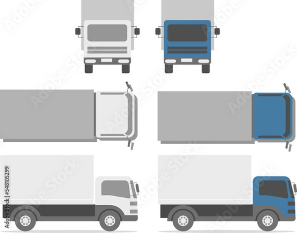 Fototapeta トラックのイラスト、側面、前面、俯瞰