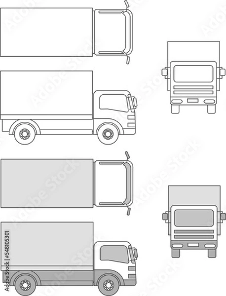 Fototapeta トラックのイラスト、側面、前面、俯瞰（線画）