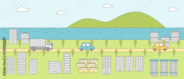 Fototapeta 海と自然の見える街・道路の風景イラスト（カラー線画）