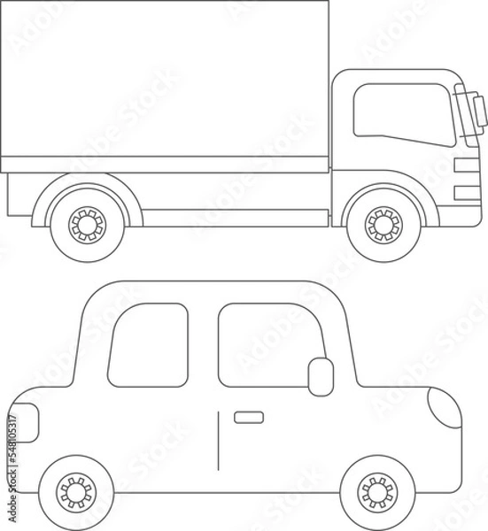 Fototapeta トラックと自動車のイラスト（線画）