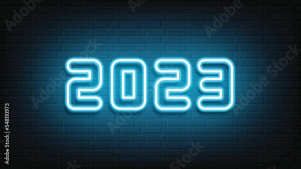 Fototapeta Happy New Year neon design. 2023 neon text. Neon 2023 new year sign. Vector Illustration.