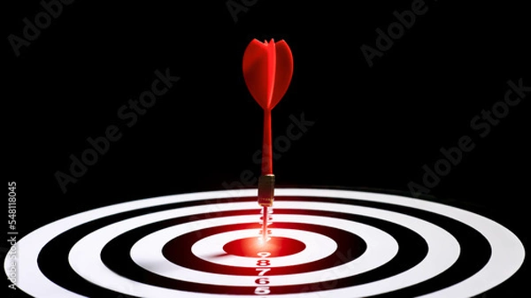 Fototapeta The dart hits the center of the target of the dart board. Concept of successful business. Achieving business goals.