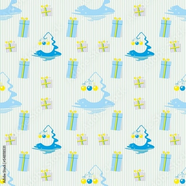 Fototapeta Seamless winter pattern with christmas tree, gifts, christmas balls, limited pallet in simple style. Pattern on white background perfect for fabric, invitations, posters, print