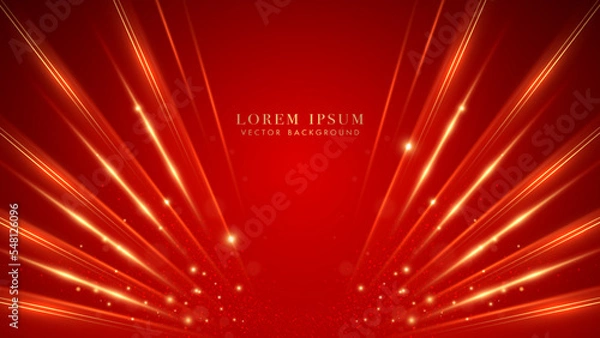 Obraz Golden lines with sparkle glow, glitter light and beam effect on red luxury background
