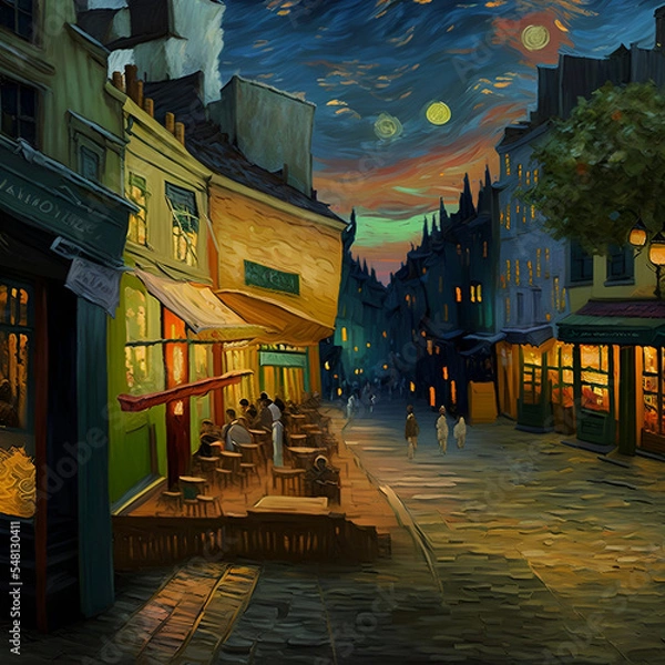 Obraz Colorful Cozy Impressionist Town Street and Cafe in the Early Evening. [Digital Art Painting, Sci-Fi Fantasy Horror Background, Graphic Novel, Postcard, or Product Image]