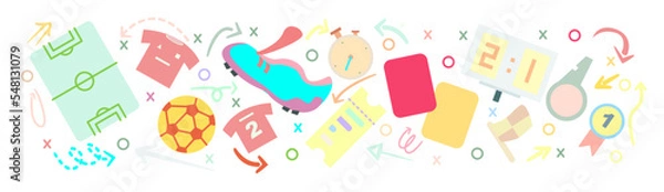 Obraz 
football and strategy tactic board. Vector illustration of jersey, ball, sports shoes, playing time, 
ball ticket, red card, yellow card, scoreboard, whistle, medal and colorful attractive coach