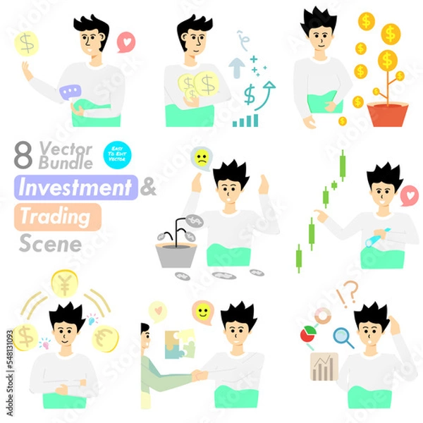 Fototapeta Stock trading, stakeholder, investment, analysis, trader strategy concept illustration. 
Collection of scenes with a young man trading in the stock market, loss or gain