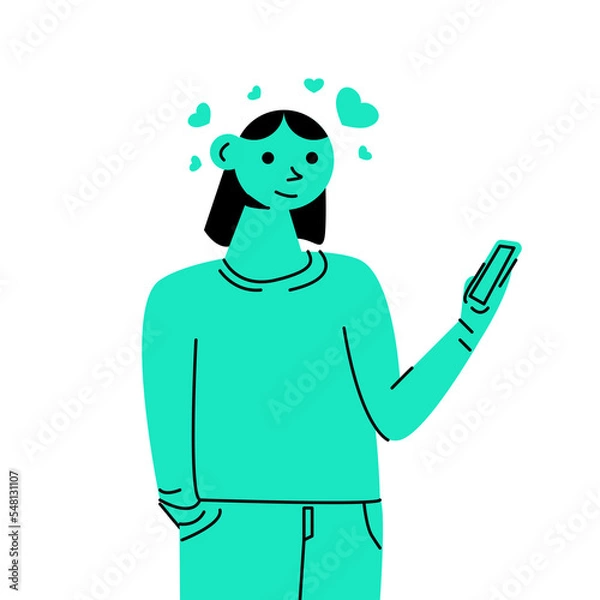 Obraz Young woman standing holding smartphone. Addicted girl surfing social media on cell phone. 
addicted to gadgets and technology. Flat vector illustration in line style
