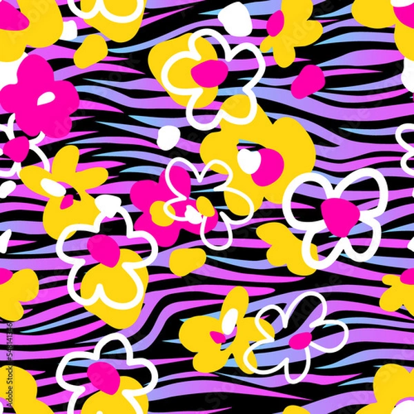 Fototapeta  Abstract flowers on a zebra stripes background. Vector seamless pattern for printing on fabric and paper. 