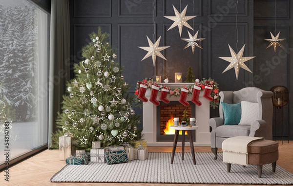 Fototapeta New year tree in classic style interior with christmas decoration with gifts and fireplace. 3D Render