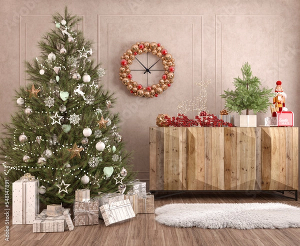 Fototapeta Illustration. Warm and cozy New Year's interior with a Christmas tree decorated with gifts, a deer, a wall clock, a sheepskin on the floor. 3d render.