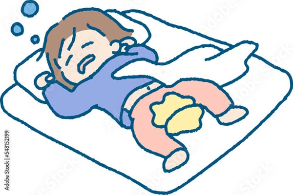 Fototapeta 布団でおねしょをする女の子のイラスト
