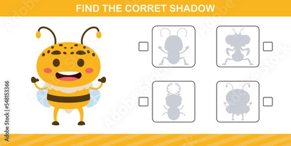 Obraz finding the correct shadow of cute insect education page game for kindergarten and preschool