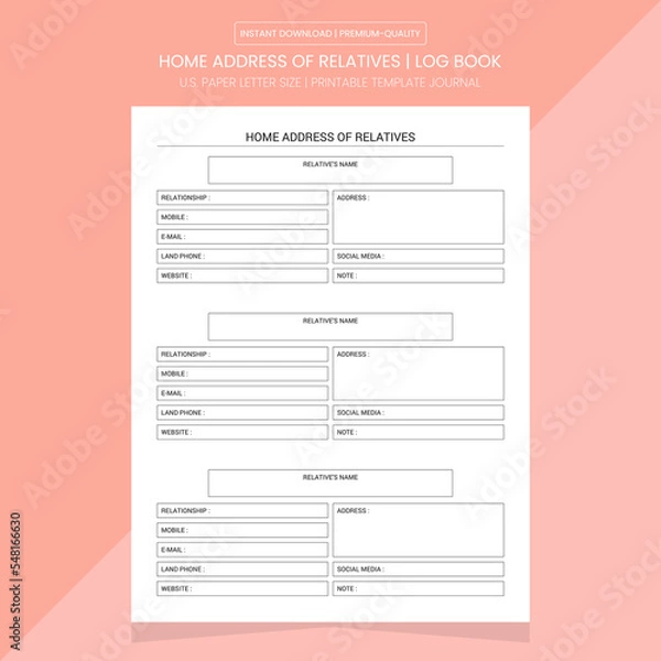 Fototapeta Home Address Of Relatives Log Book | Home Address Diary Journal | Notebook Printable Template