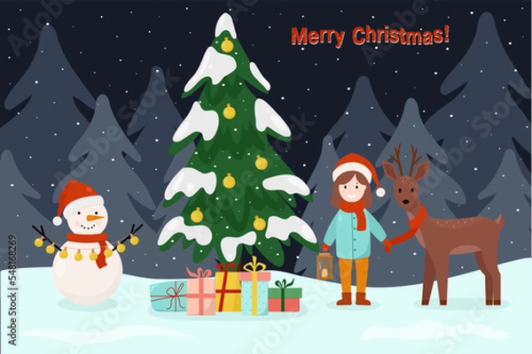 Fototapeta Christmas card with funny cartoon characters. A snowman with a garland, a deer in a scarf and little girl with an old lamp . There is a Christmas tree in the with gifts under it in the night forest