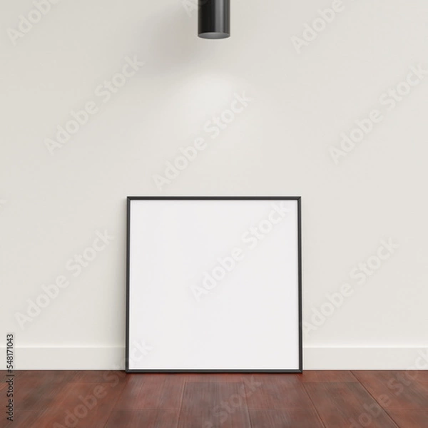 Fototapeta Minimal poster picture frame mockup leanings against the white wall. Blank frame mockup. Clean, modern, minimal frame. 3d rendering.