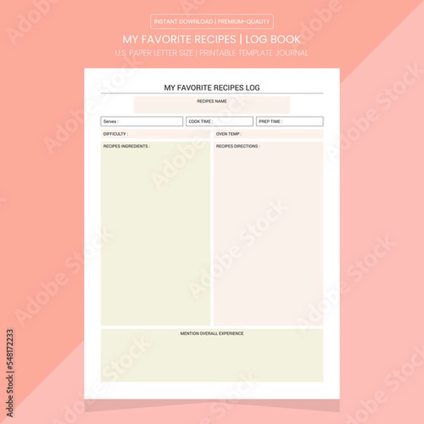 Obraz My Favorite Recipes Log | Recipes Diary Journal | Notebook Printable Template