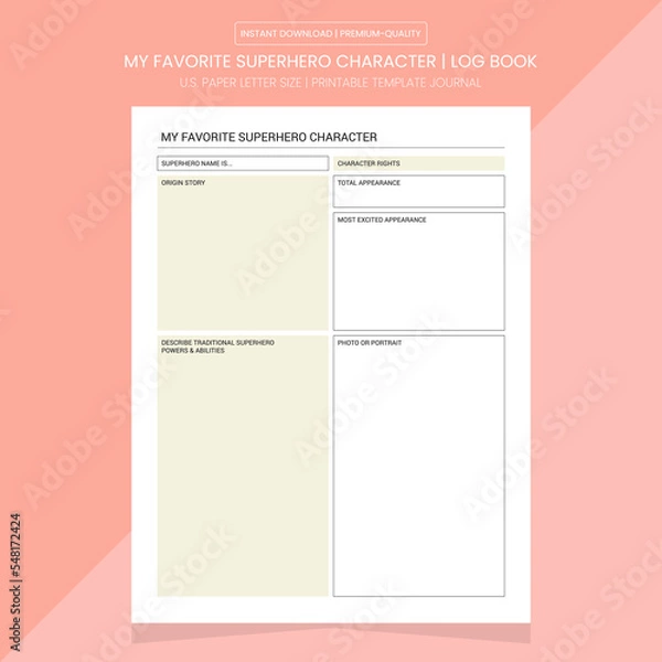 Obraz My Favorite Superhero Character Diary Journal | Superhero Character Log Book | Notebook Printable Template