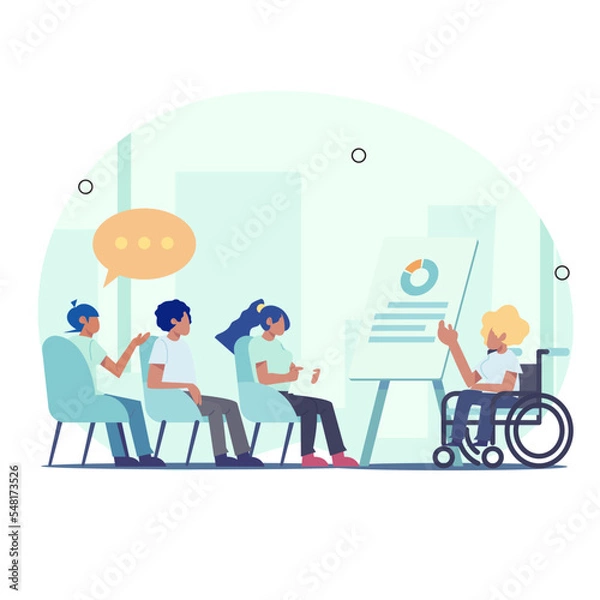 Fototapeta Business meetings conducted by people of various races and people with disabilities. vector flat illustration