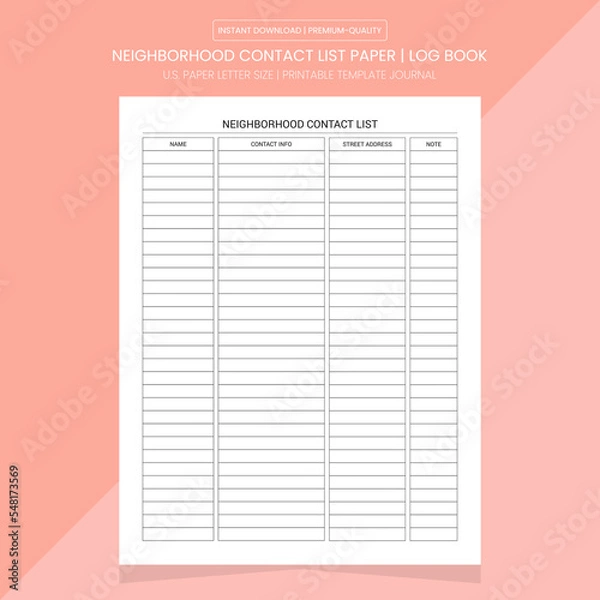 Fototapeta Neighborhood Contact List Book | Neighborhood Contact List Diary Journal | Notebook Printable Template