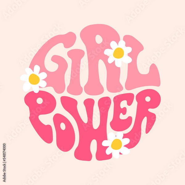 Obraz Girl power groovy lettering in circle shape. Retro 70s feminist slogan for t-shirts, posters or cards.