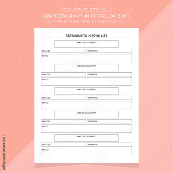 Obraz New Restaurants In Town Note | Diary Journal | Restaurants Log Book | Notebook Printable Template
