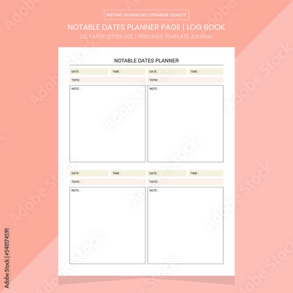 Obraz Notable Dates Planner Page | Diary Journal | Notable Dates Printable Template
