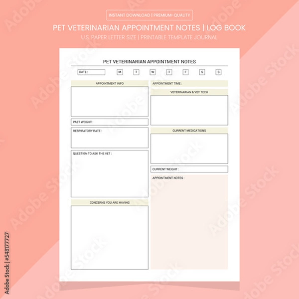 Obraz Pet Veterinarian Appointment Notes | Diary Journal | Notebook Printable Template