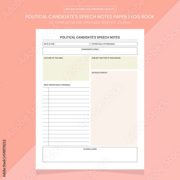 Obraz Political Candidate's Speech Notes | Diary Journal | Notebook Printable Template