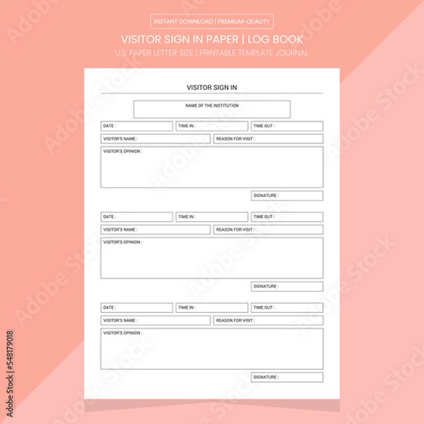 Obraz Visitor Sign In Log Book | Visitor Sign In Diary Journal | Notebook Printable Template