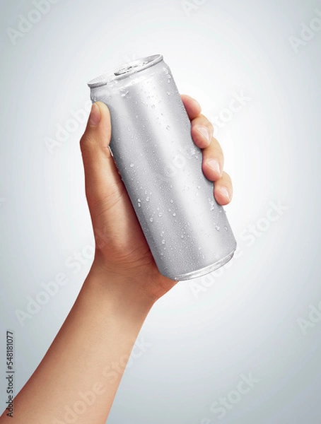 Obraz men holding aluminum can with condensation droplet. isolated on grey background.